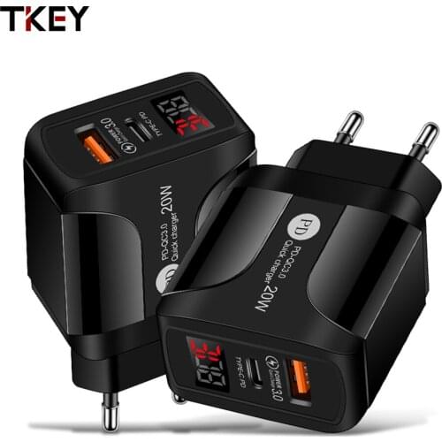 TKEY Mobile Phone Quick Charge USB Type-C Adapter EU/US/UK Plug Charger PD20W+QC3.0 Fast Charging For iPhone Samsung Xiaomi Vivo