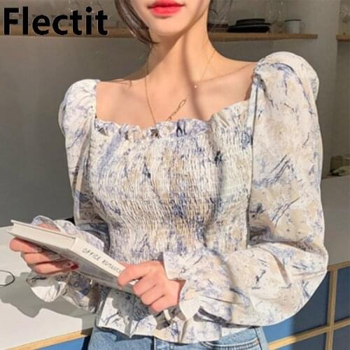 Flectit Smocked Floral Blouse Square Neck Long Sleeve Ruffled Crop Tops Women Spring Summer Festival Outfit