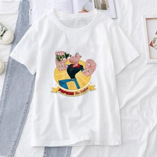 Cartoon Anime T Shirt Women Funny Printing Fashion Short-Sleeved T-Shirt Popeye Soft White Outdoor Casual womens T-Shirts