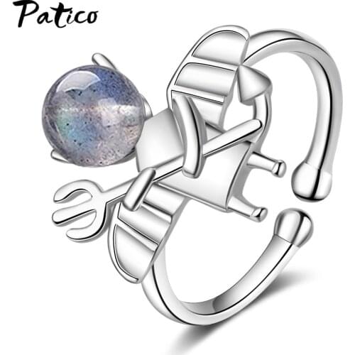 Korean Fashion Simple Blue Light Moonstone Little Devil Opening Rings Handmade 925 Sterling Silver Crystal Ball Jewelry