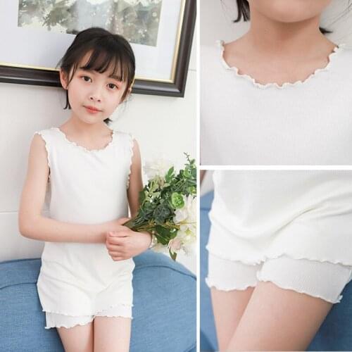 Kids Vest Set 2PCS Summer Girls Wooden Ears T shirt Stripes Home Clothes For Girls Cotton Sweat-Absorbent Sleeveless vest