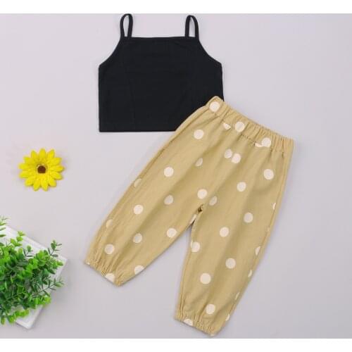 2Pcs Sweet Style Little Girls Outfit Solid Color Sleeveless Suspender Tops + Dot Printing Long Ankle Banded Pants Set