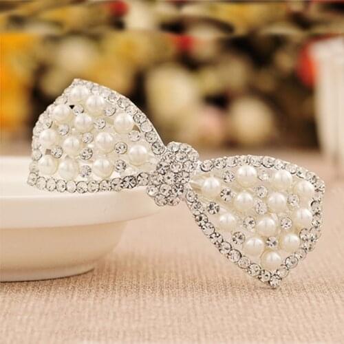 Korean Design Gold Crystals Pearl Bow Tie Hair Barrette Hairpins Headpiece Clips Fashion big headwear accessories Wholesale