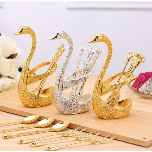 6PC Romantic Swan Base Spoon Fork Meal Rack Set Stainless Steel Salad Dessert Fork Coffee Spoon Cake Tableware Decoration Crafts