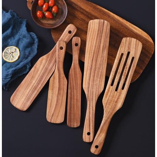 5pcs Natural Teak Kitchen Utensil Set Heat Resistant Non Stick Wood Cookware