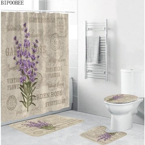 Lavender Print Shower Curtain Set Bath Mats Rugs Flowers Bathroom Curtains Sets Anti-skid Rug Toilet Lid Cover Mat Home Decor