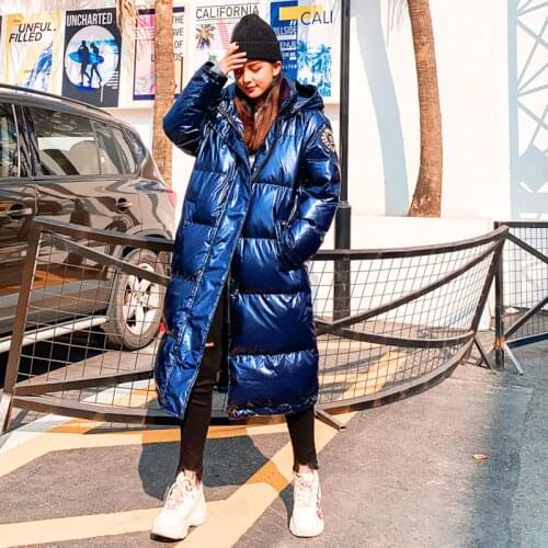 Women Winter Hooded Parkas Down Coat High Street Fashion Metal Color Spliced Long Parkas New Glossy Zipper Loose Outerwear YRF77