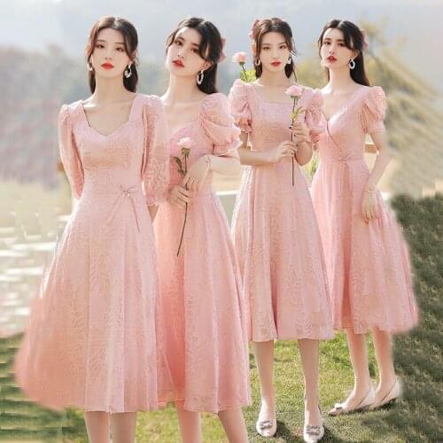 Bridesmaids Dresses Vintage Half V-Neck Jersey Embroidery Knee-Length A-Line Luxury Pink Women Elegant Wedding Party Gown E655