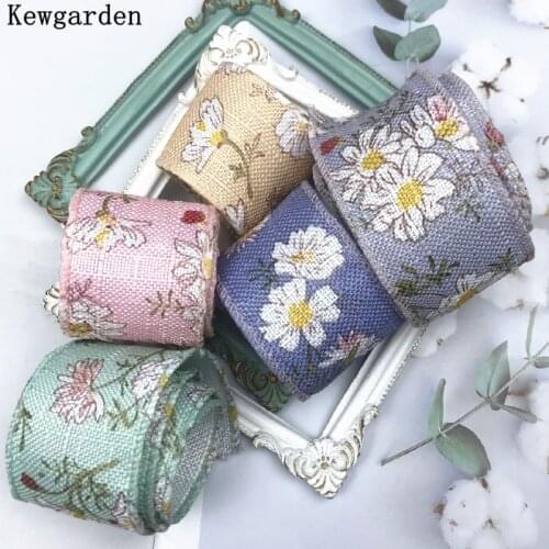 Kewgarden 1.5" 40mm Printed Floral Linen Ribbon Handmade Crafts Flax Tape DIY Hairbow Flower Accessories Wholesale 25 Yards