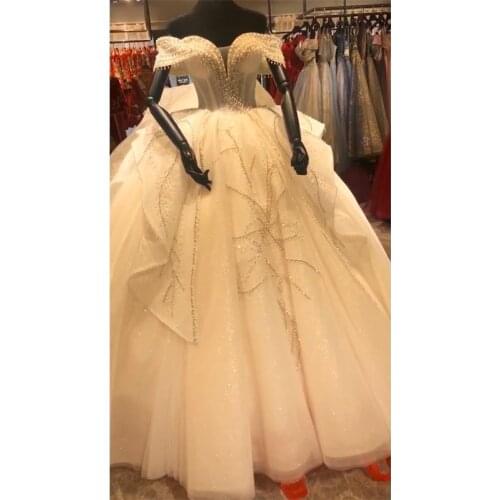 Real Photo Vestido Noiva 2021 Glitter Simple Wedding Dress Off The Shoulder Bridal Ball Gown Luxury Brautkleid Robe De Mariage