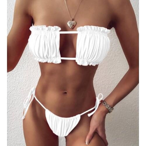 Sexy Strapless Women Two-piece Swimsuit Solid Color Ruched Split Bikini Set Push Up Lace Up Swimwear Summer Beach Bathing Suit