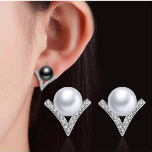 925 Sterling Silver Gray White Pearl Women V Shape Setting Clear Zirconia Stones Silver-Color Fashion Ear jewelry