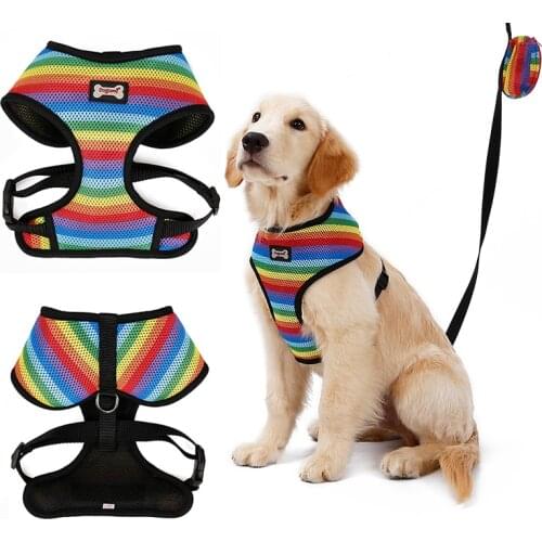 Dog Harness with Leash Set Small/Medium Dog Harness Vest Walking Lead with Poop Bag Rainbow Soft Air Mesh Breathable Breathable
