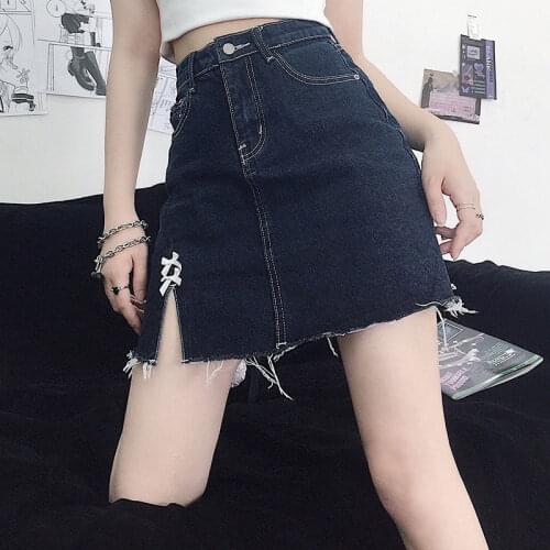 Gothic hot girl sexy skirt punk style Harajuku high waist split bow denim skirt female Korean street style casual A-line skirt