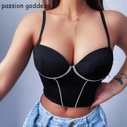 2021 Summer Women Spaghetti Strap Backless Diamond Sexy Black Cami Tank Top High Street Wear Fashion Bustier Crop Top Camisole