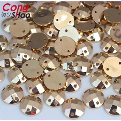Cong Shao 300Pcs 10mm Gold Color Round flatback Acrylic Rhinestone stones and crystals sewing 2 Hole costume Button CS225C