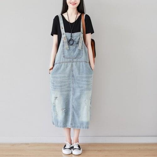 Maxi Blue Denim Dress Summer Ladies Suspenders Bleached Ripped Holes Jean Dresses Female Loose Plus Size Bib Cowboy Dress