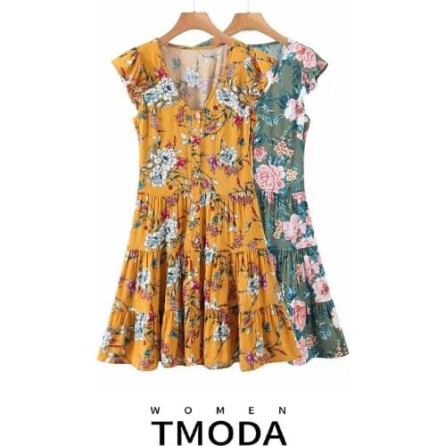 TMODA971 2021 New Summer Women Flower Print Mini V Neck Sleeveless Dress High Waist Lace Up Bowknot Hit Color Dresses Female