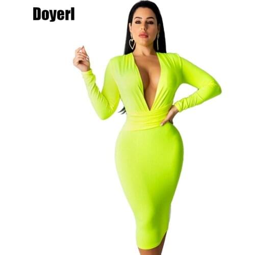 Long Sleeve Sexy Bodycon Dress Women Deep V Neck Neon Green Autumn Winter Dress Elegant Knee Length Club Party Bandage Dress