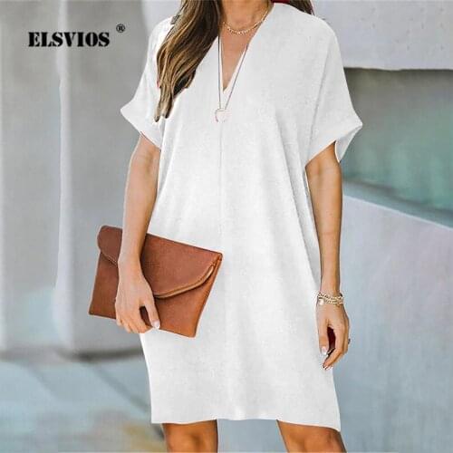 Loose Short Sleeve Mid Dress 2021 Spring Summer New Fashion Butterfly Hollow Solid Vestidos Elegant Womens V-Neck A-Line Dress