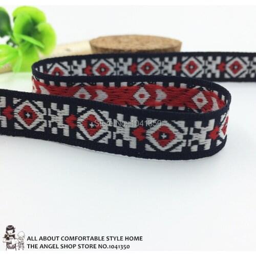 1/2'' 13mm 20Yards Dark Blue Woven Jacquard Ribbon With White Red Geometric Sewing Label Tag For Patchwork DIY Dog Collar