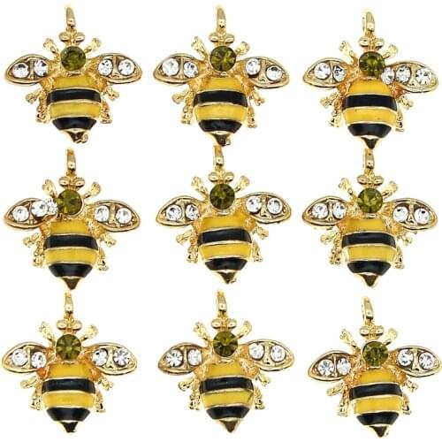 6pcs/lot 7*18*19mm Cute Rhinestone Bee Enamel Charms Pendant For DIY Earring Gold Color Metal Insect Jewelry Accessories Finding