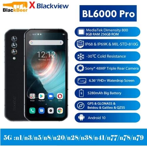 Blackview BL6000 Pro 5G Mobile Phone Android 10.0 MTK Dimensity 800 Smartphone IP68 Waterproof 6.36" Cellphone 8GB 256GB 5280mAh
