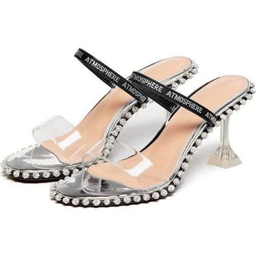 Brand Rhinestone Women Slides High Heels Fashion Elegant Shoes Summer Women Sandals Transparent Shoes High Quality