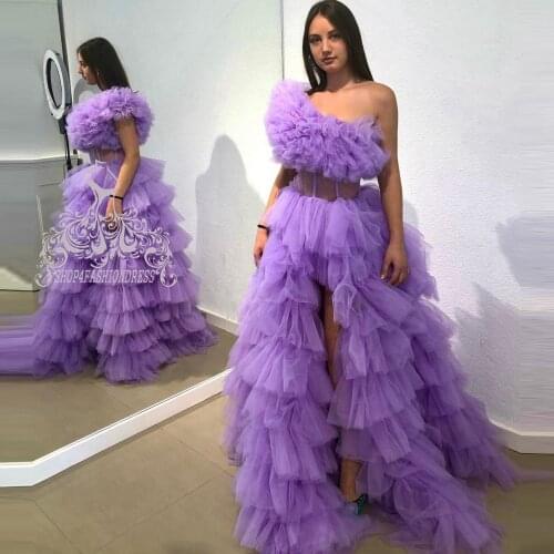 Elegant One Shoulder Puffy Tulle Prom Dress Sexy Side Split Ruffles Tiered Formal Party Gowns Plus Size Pretty Prom Gowns