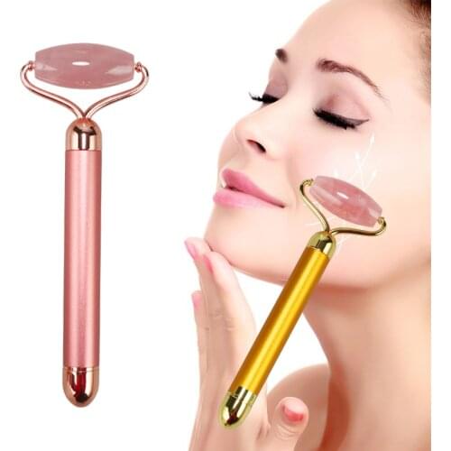 Electric Jade Roller Slimming Face Massage Lifting Vibrating Natural Rose Quartz Jade Roller Stone Facial Beauty Tool