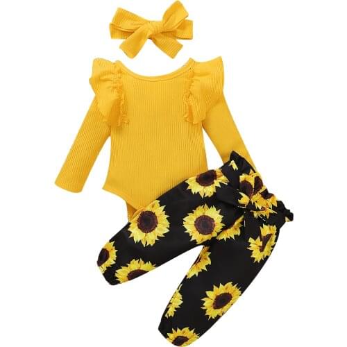 FOCUSNORM Newborn Baby Girl Clothes Sets Long Sleeve Bodysuit Tops Sunflower Long Pant Headband 3PCS