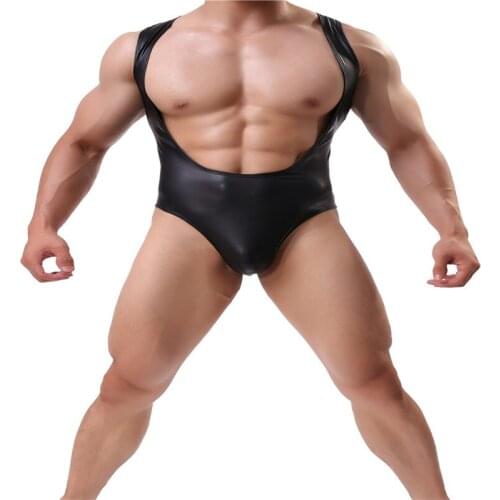FR Mens Clothing Bodysuit Singlet,Mens Faux Leather BodySuit Underwear