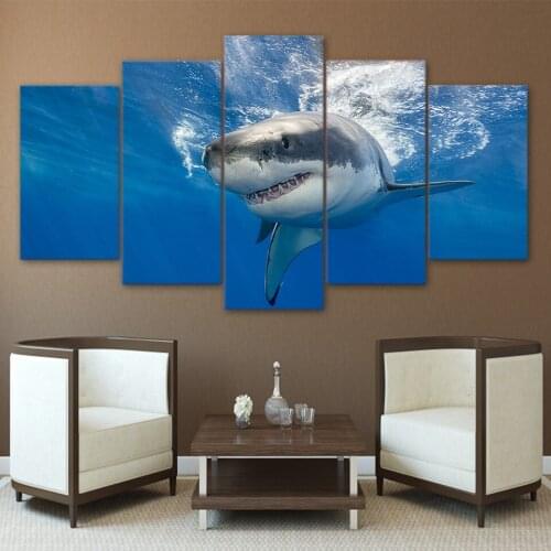 Canvas HD Prints Posters Home Decor Wall Art 5 Pieces Abstract Shark Paintings Blue Ocean Large Pictures Living Room Framework