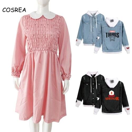 Stranger Things Cosplay Costumes Girls Boys Eleven Pink Pleated Dress Denim Jacket Strangestory Hoodies Coats Tops Men Women
