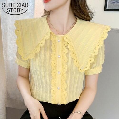 Doll Collar Lace Chiffon Shirts Korean Summer 2021 Loose French Sweet Blouse Women Short Sleeve Shirt Big Lapel Slim Tops 15219