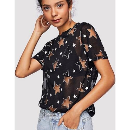 Black white sheer mesh trendy clothes summer fashion sexy tops t shirt women 2021 short sleeve tee shirts c25