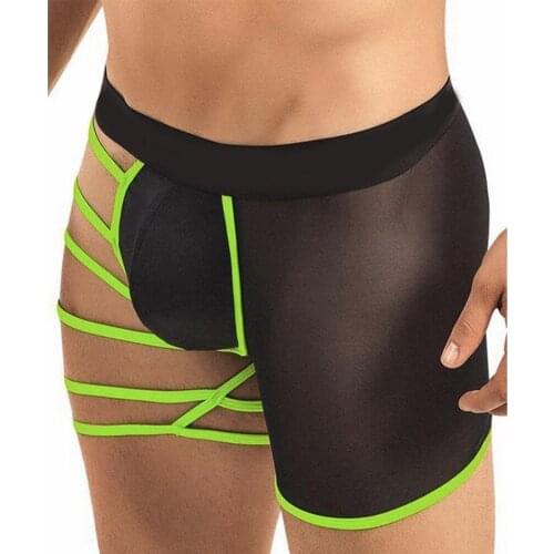 Fashionable Mens Boxer Shorts Asymmetric Underwear Trunk Straps Pants Erotic Lingerie Underwear with One Leg of Hollow Design