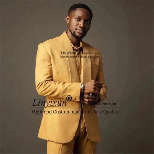 Gold Wide Lapel Men Slim Fit Suits One Button Costume Homme Wedding Prom Terno Masculino Groom Tuxedos Blazer 2 Pc Jacket Pant