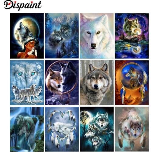 Dispaint Full Square/Round Drill 5D DIY Diamond Painting "Animal wolf moon" 3D Embroidery Cross Stitch 5D Home Decor Gift