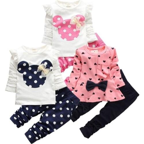 2020 New Fashion Girls Cartoon Clothing Sets Cotton Children Bow Dress Tops Leggings Infant Dots Outfit Baby Kids Casual Suits