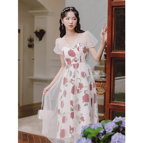 2021 summer new womens noble temperament is thin net gauze puff sleeve girl daily dress Bohemia travel print mid-length dress