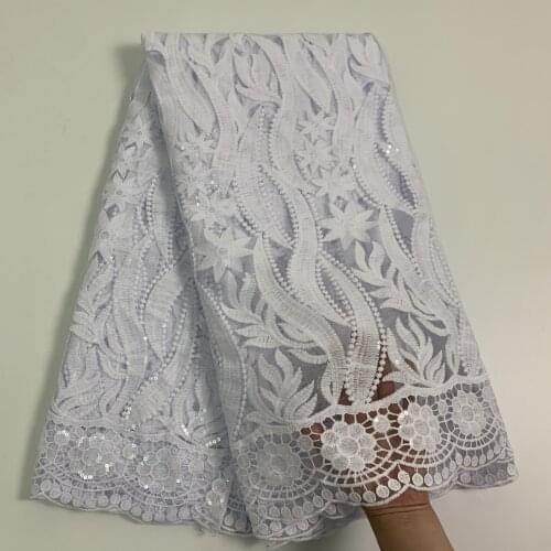 Latest Pure White African Lace Fabric France Sequins Tulle Lace Embroidery Nigerian Mesh Lace Fabric for Christmas Evening Party