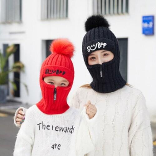 Q Balaclava Winter Fur Pompom Hat Female Baby Wool Knitted Beanie Caps For Girls Matching Hat Double Plush Windproof Outdoor Hat