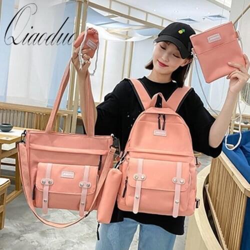 Qiaoduo 5 Pcs Sets Canvas Schoolbags For Teenage Girls Women Backpacks Laptop keychain School Bag Travel Bagpack Mochila Escolar