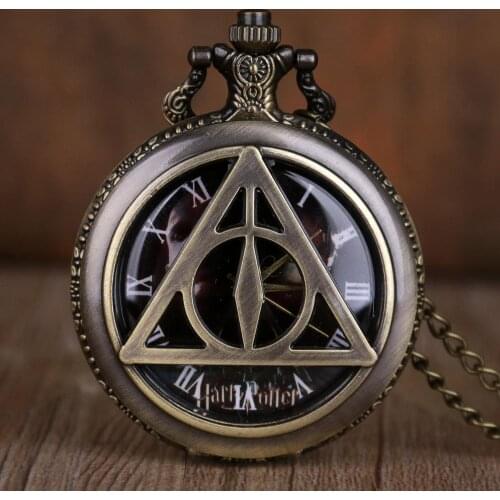 Retro Black Triangle Hollow Quartz Pocket Watch Classic Men Women Necklace Pendant Fob Watch Gifts for Men Kids