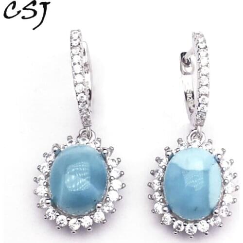 CSJ Natural Larimar Earring Sterling 925 Silver Blue Stone 8*10 Wedding Engagement Party for Women Ladies Girls Gift