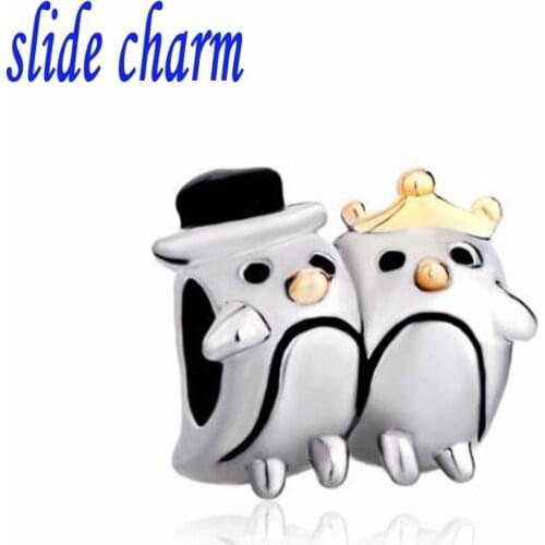 Slide charm Free shipping Valentine Penguins Mrs Mr DIY charm beads fit Pandora charm bracelets