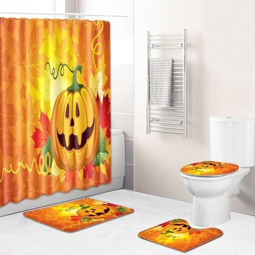 WUJIE Pumpkin Print Shower Curtain Set 4pcs Pedestal Rug Toilet Seat Cover Anti Slip Bath Mat Shower Curtain Bathroom Decoration
