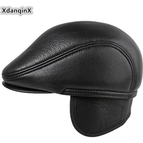 XdanqinX Winter Mens Earmuffs Cap Genuine Leather Hat Thick Warm Berets New Sheepskin Leather Elderly Dads Hat Ski Cap For Men