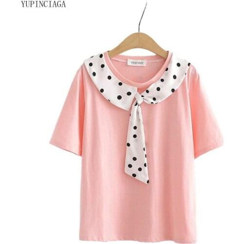 2019 Summer Korean Clothes Round Neck Stitching Shawl Polka Dot Cotton Solid Color Short Sleeves Ladies Sweet Style Tops Tees